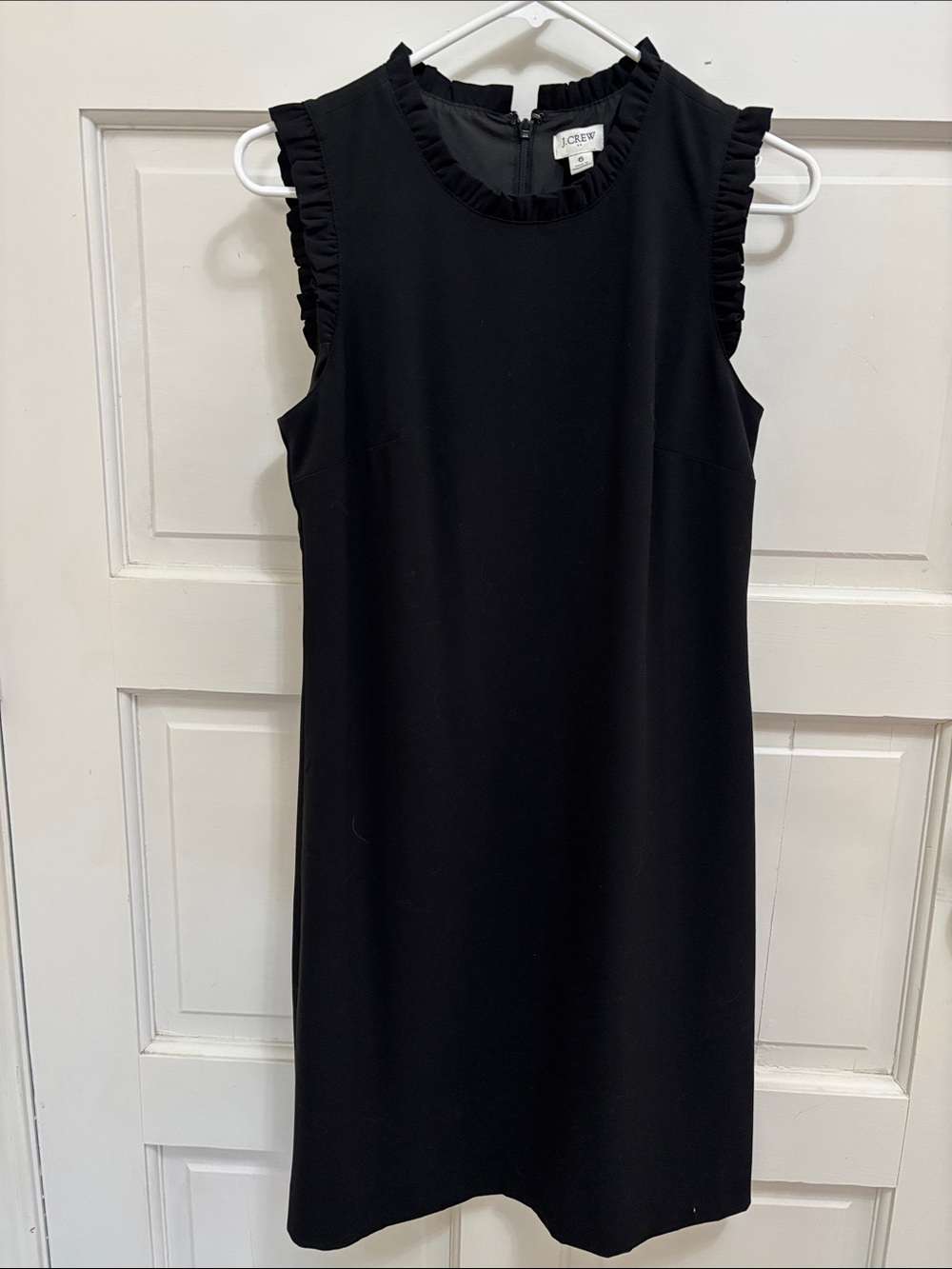 J. Crew Black Sleeveless Shift Dress with Ruffle Trim
